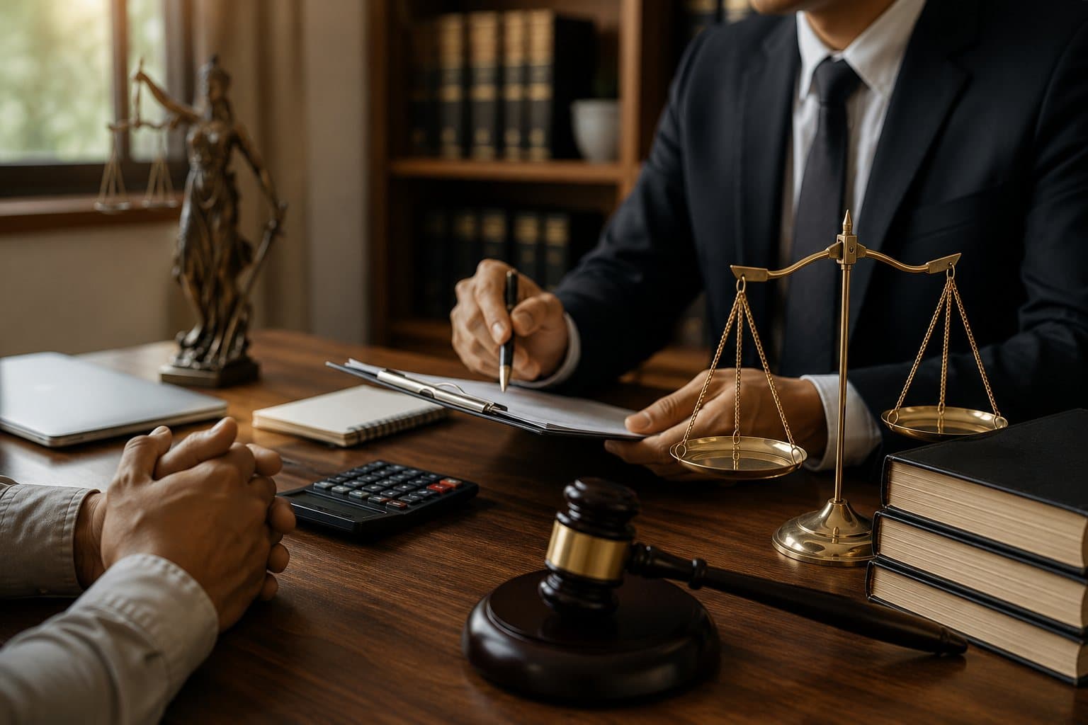 An advocate explaining fees and the scope of work to a client across the desk