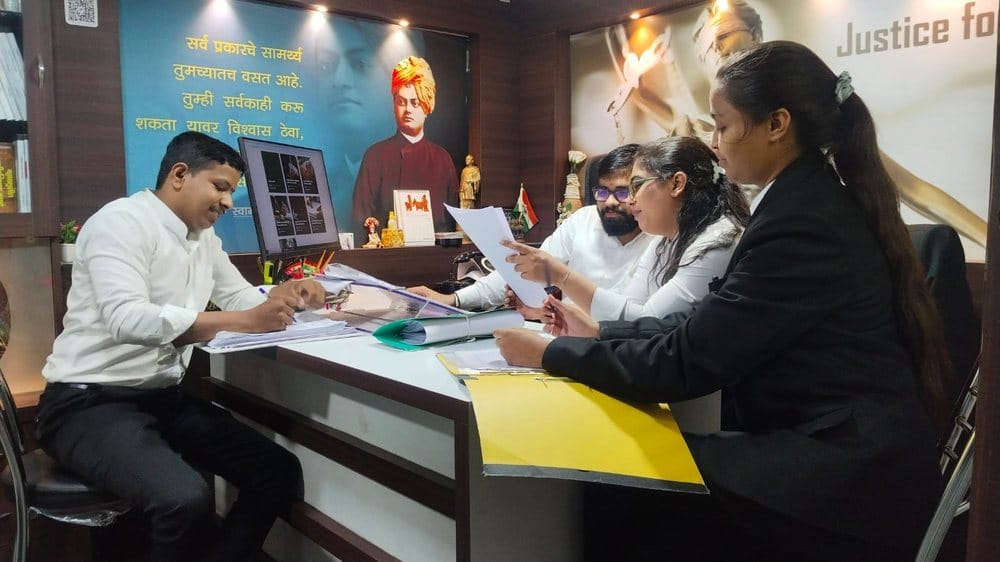 The team in discussion with a client at the Advocate Indrajit Dongre & Associates office, Kasba Peth, Pune