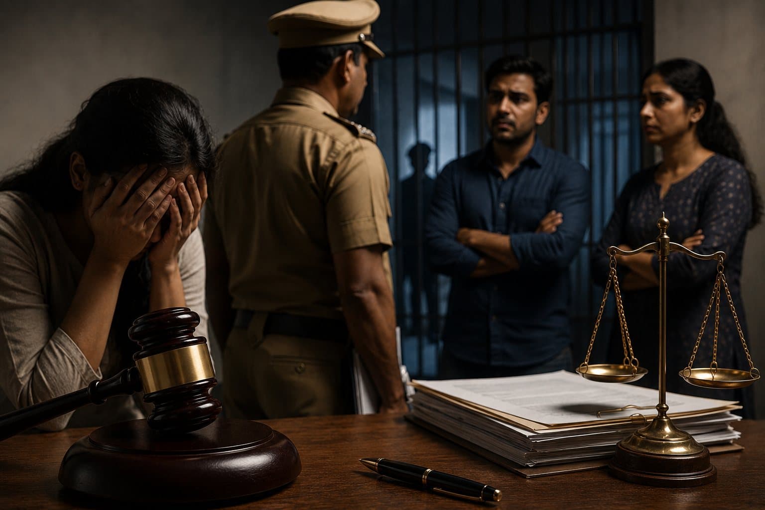 A matrimonial cruelty complaint at the police station, with both families present