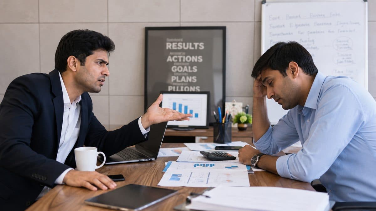 Business partners in dispute across a conference table