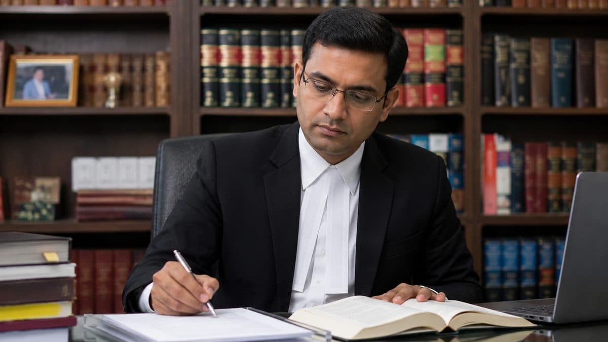 Advocate reviewing case papers at chambers